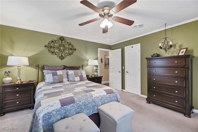 1421 Rolling Meadows Dr, Vermilion, OH 44089 - bedroom featuring light carpet, baseboards, a ceiling fan, a chandelier, and crown molding