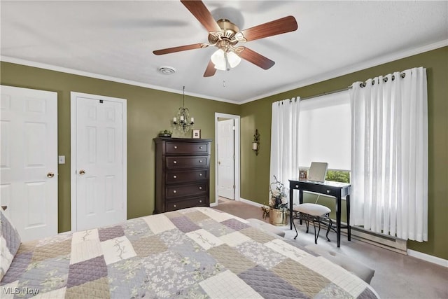 1421 Rolling Meadows Dr, Vermilion, OH 44089 - carpeted bedroom featuring baseboards, crown molding, ceiling fan, a chandelier, and a baseboard radiator