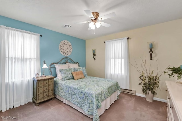 1421 Rolling Meadows Dr, Vermilion, OH 44089 - bedroom featuring a baseboard radiator, light colored carpet, multiple windows, and a ceiling fan