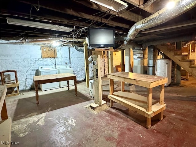 354 Hamilton Ave, Coshocton, OH 43812 - unfinished basement with washer and clothes dryer, gas water heater, and stairway