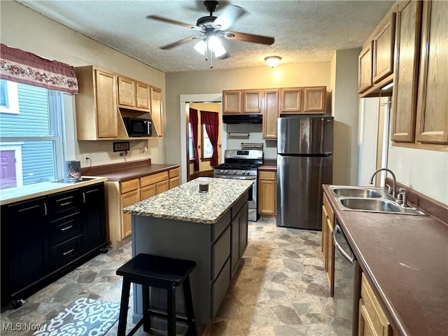 354 Hamilton Ave, Coshocton, OH 43812 - kitchen featuring stainless steel appliances, under cabinet range hood, a sink, stone finish floors, and a ceiling fan