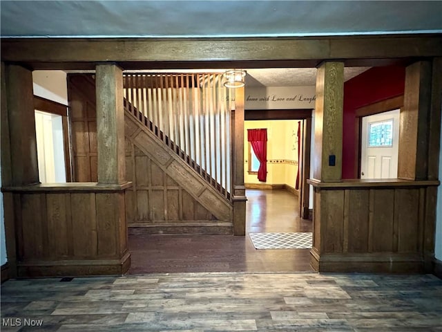 354 Hamilton Ave, Coshocton, OH 43812 - interior space featuring wood finished floors, baseboards, and wooden walls