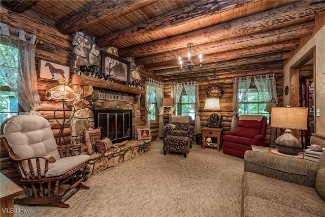 5820 Kildare Cir NW, Canton, OH 44718 - living area featuring carpet floors, wooden ceiling with exposed beams, and a fireplace