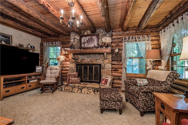 5820 Kildare Cir NW, Canton, OH 44718 - carpeted living area featuring wooden ceiling with exposed beams, a chandelier, plenty of natural light, a fireplace, and rustic walls