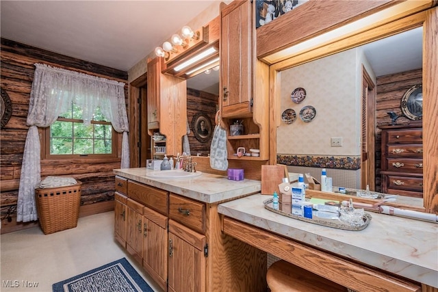 5820 Kildare Cir NW, Canton, OH 44718 - bathroom with wallpapered walls, rustic walls, and vanity