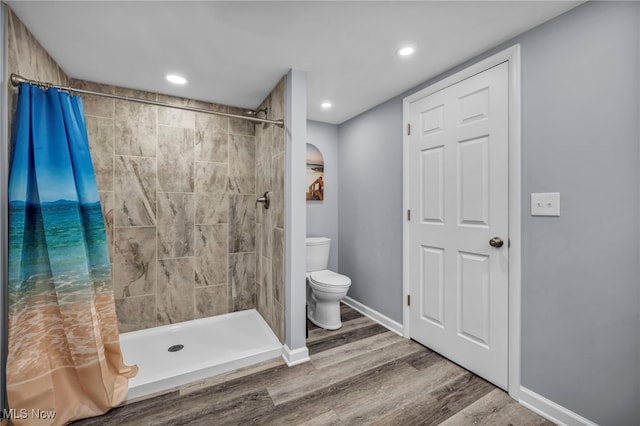 713 Highland Ave, Wadsworth, OH 44281 - bathroom featuring toilet, wood finished floors, tiled shower, baseboards, and recessed lighting