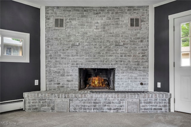 713 Highland Ave, Wadsworth, OH 44281 - detailed view of a baseboard radiator, carpet, and a fireplace