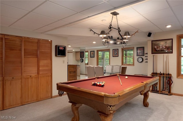 4151 Williamsburg Ct, Medina, OH 44256 - rec room with a paneled ceiling, light colored carpet, baseboards, billiards, and a chandelier