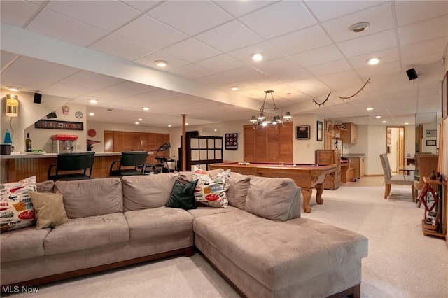 4151 Williamsburg Ct, Medina, OH 44256 - living room featuring pool table, a bar, a paneled ceiling, light carpet, and recessed lighting