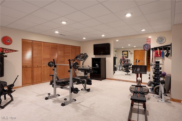 4151 Williamsburg Ct, Medina, OH 44256 - workout area featuring carpet flooring, baseboards, a drop ceiling, and recessed lighting