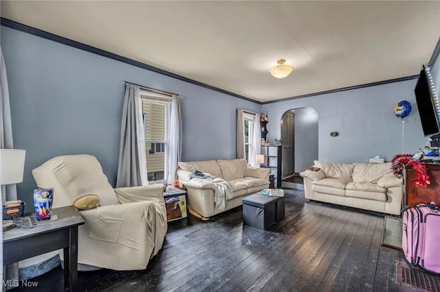 158 Humbolt Ave, Wadsworth, OH 44281 - living room with arched walkways, ornamental molding, and hardwood / wood-style floors