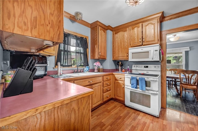 158 Humbolt Ave, Wadsworth, OH 44281 - kitchen with white appliances, crown molding, light wood finished floors, and light countertops