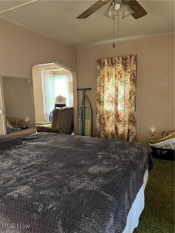 1723 W Prospect Rd, Ashtabula, OH 44004 - carpeted bedroom with ceiling fan and arched walkways