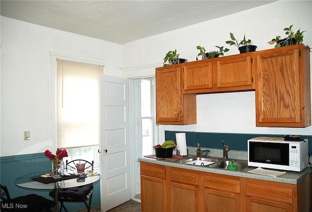 4354 E 71st St, Cleveland, OH 44105 - kitchen with white microwave, a sink, brown cabinets, and light countertops