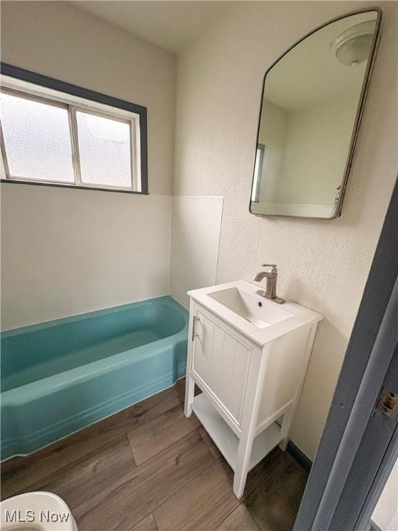1019 Commerce St, Wellsville, OH 43968 - bathroom featuring vanity, wood finished floors, a tub to relax in, and a textured wall