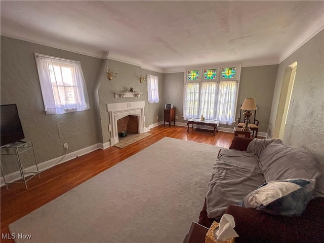31 Marlindale Ave, Boardman, OH 44512 - living area with wood finished floors, a fireplace with flush hearth, ornamental molding, a textured wall, and baseboards