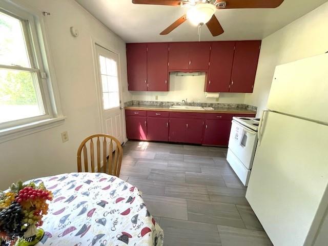 48555 Calcutta Smithferry Rd, East Liverpool, OH 43920 - kitchen with red cabinets, white appliances, ceiling fan, and a sink