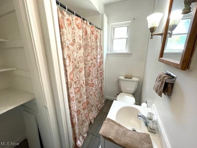 48555 Calcutta Smithferry Rd, East Liverpool, OH 43920 - full bath featuring vanity, toilet, wood finished floors, and curtained shower
