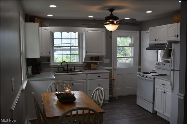1408 N 9th St, Martins Ferry, OH 43935 - kitchen with white appliances, under cabinet range hood, a sink, healthy amount of natural light, and recessed lighting