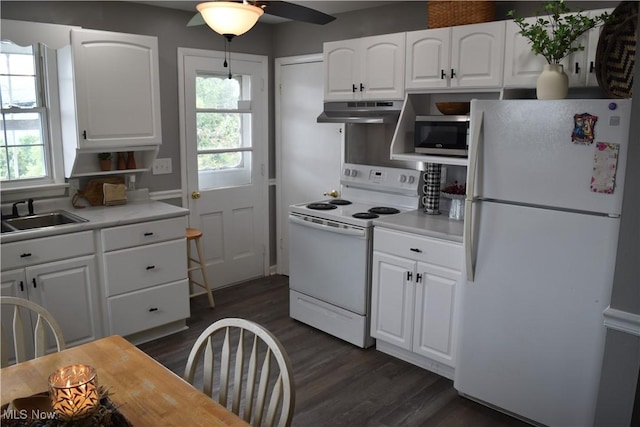 1408 N 9th St, Martins Ferry, OH 43935 - kitchen featuring white appliances, a sink, under cabinet range hood, and healthy amount of natural light
