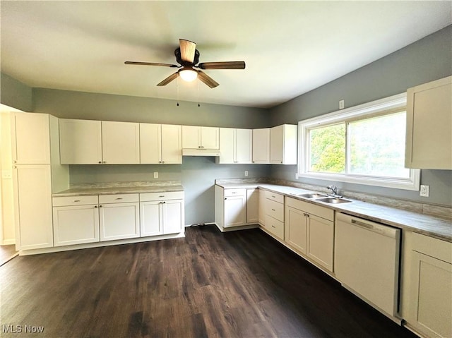 2815 Race Track Rd, New Cumberland, WV 26047 - kitchen with white dishwasher, a sink, ceiling fan, dark wood finished floors, and light countertops