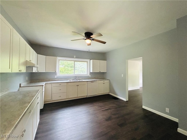 2815 Race Track Rd, New Cumberland, WV 26047 - kitchen with a sink, under cabinet range hood, white dishwasher, a ceiling fan, and dark wood-type flooring