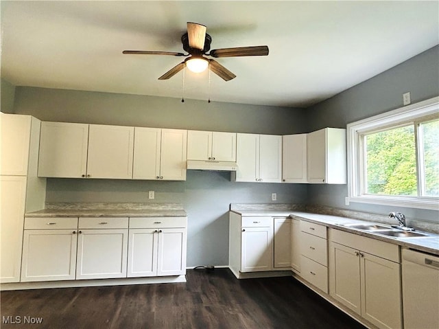 2815 Race Track Rd, New Cumberland, WV 26047 - kitchen with dishwasher, a sink, a ceiling fan, dark wood finished floors, and white cabinetry