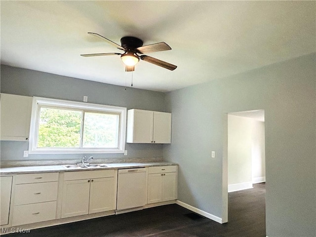 2815 Race Track Rd, New Cumberland, WV 26047 - kitchen featuring dishwasher, a sink, ceiling fan, white cabinets, and light countertops