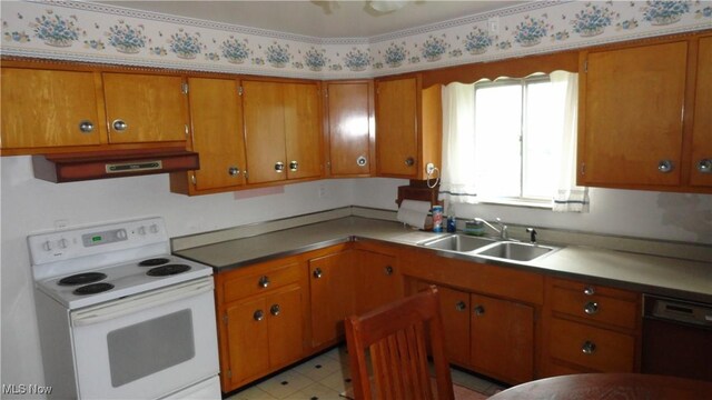 521 Georgia Ave, Chester, WV 26034 - kitchen featuring white electric range oven, a sink, brown cabinets, extractor fan, and dishwashing machine