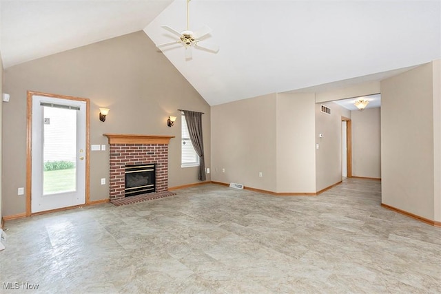 3840 Dartford Ln, Medina, OH 44256 - unfurnished living room featuring healthy amount of natural light, high vaulted ceiling, a ceiling fan, a fireplace, and baseboards