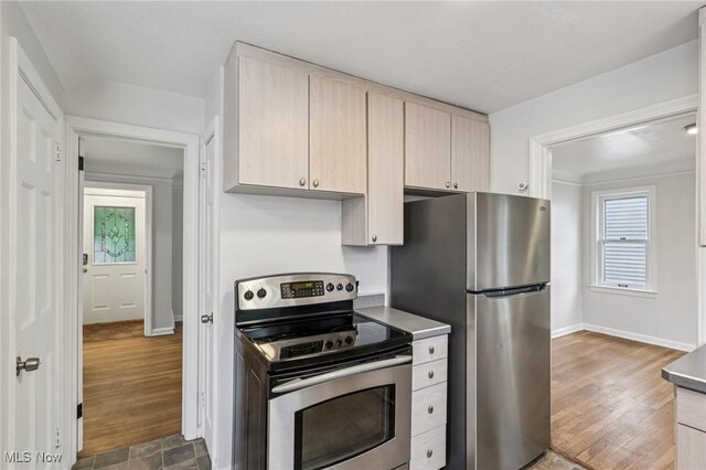 21601 Roberts Ave, Euclid, OH 44123 - kitchen featuring stainless steel appliances, healthy amount of natural light, light brown cabinets, and baseboards