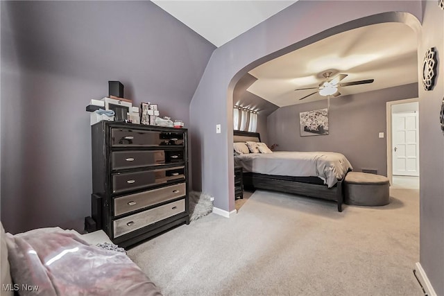 17314 Lomond Blvd, Shaker Heights, OH 44120 - carpeted bedroom with arched walkways, lofted ceiling, and ceiling fan