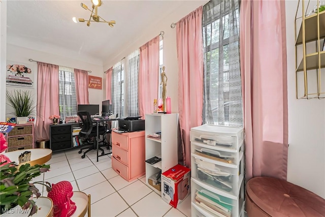 17314 Lomond Blvd, Shaker Heights, OH 44120 - home office with light tile patterned floors and a chandelier
