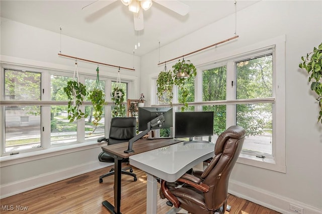 2725 Hampshire Rd Unit 2, Cleveland Heights, OH 44106 - office area with baseboards, wood finished floors, and a ceiling fan