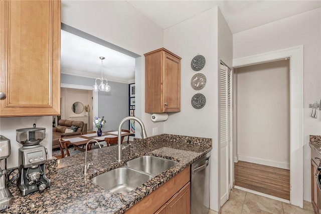 2725 Hampshire Rd Unit 2, Cleveland Heights, OH 44106 - kitchen with a sink, dishwasher, dark stone counters, crown molding, and a chandelier