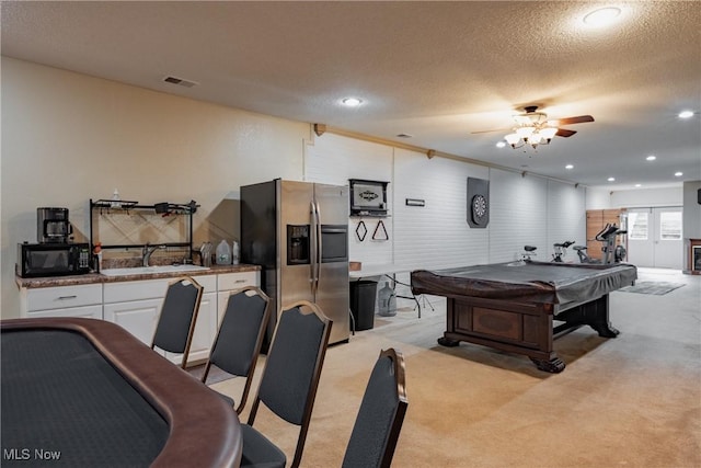 471 Buck Run, Pennsboro, WV 26415 - rec room with a sink, billiards table, ceiling fan, light carpet, and a textured ceiling