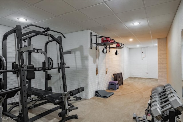 471 Buck Run, Pennsboro, WV 26415 - exercise area with carpet floors, a paneled ceiling, brick wall, and recessed lighting