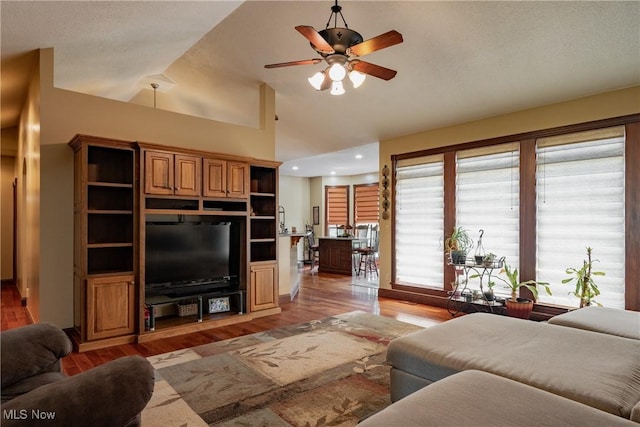 471 Buck Run, Pennsboro, WV 26415 - living room with light wood-style flooring, a ceiling fan, recessed lighting, and high vaulted ceiling