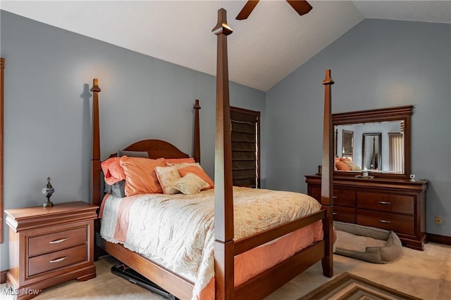 471 Buck Run, Pennsboro, WV 26415 - bedroom with light colored carpet, vaulted ceiling, and a ceiling fan