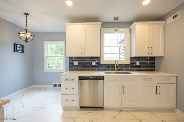 17607 Scottsdale Blvd, Shaker Heights, OH 44120 - kitchen with dishwasher, a sink, light marble finish flooring, baseboards, and recessed lighting