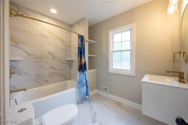 17607 Scottsdale Blvd, Shaker Heights, OH 44120 - full bath featuring toilet, shower / bath combo, baseboards, marble finish floors, and vanity