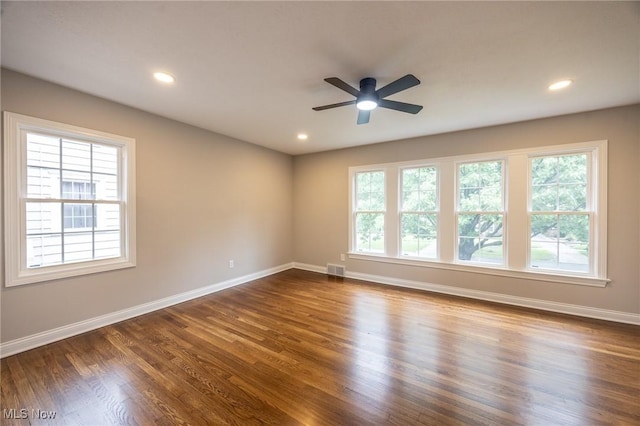 17607 Scottsdale Blvd, Shaker Heights, OH 44120 - unfurnished room with ceiling fan, dark wood-style floors, baseboards, and recessed lighting