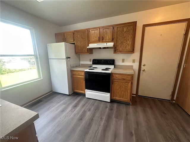 4322 Coleman Ave, Ashtabula, OH 44004 - kitchen featuring range with electric stovetop, freestanding refrigerator, under cabinet range hood, wood finished floors, and light countertops