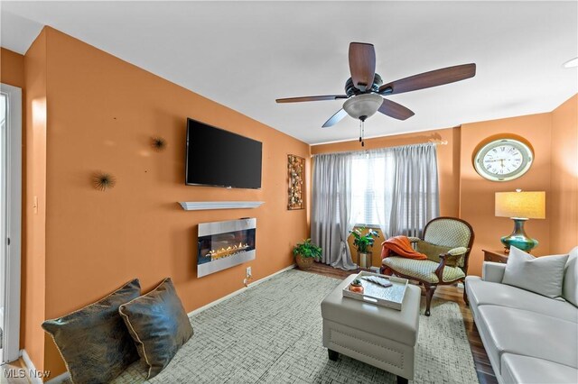 18975 Van Aken Blvd Unit 401, Shaker Heights, OH 44122 - living area with a glass covered fireplace, a ceiling fan, and baseboards