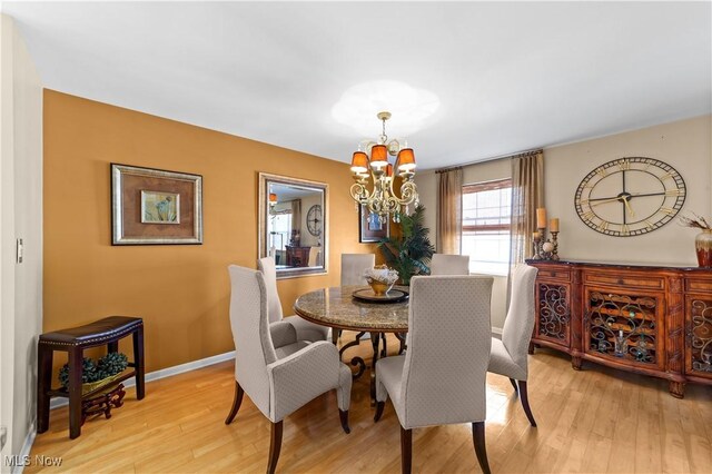 18975 Van Aken Blvd Unit 401, Shaker Heights, OH 44122 - dining space featuring a chandelier, light wood-type flooring, and baseboards