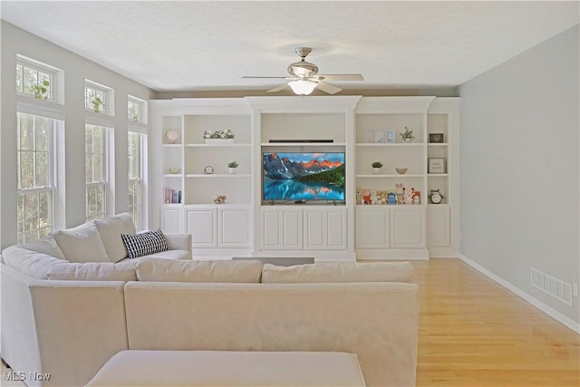 15532 Raya Oval, North Royalton, OH 44133 - living room featuring light wood-style flooring, ceiling fan, baseboards, and built in features