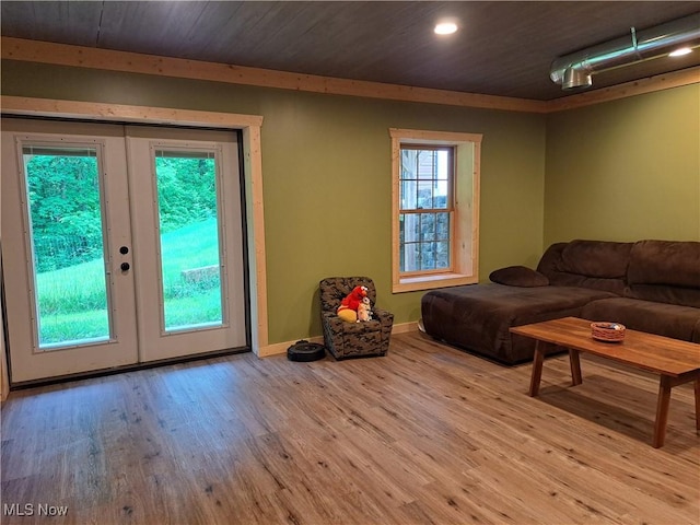 62158 Savage Rd, Cambridge, OH 43725 - living room with wood finished floors, french doors, baseboards, wood ceiling, and recessed lighting