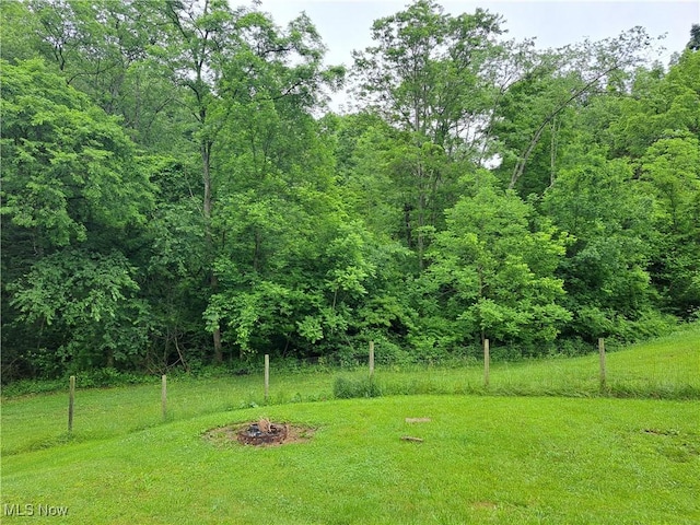 62158 Savage Rd, Cambridge, OH 43725 - view of grassy yard featuring a forest view and a fire pit
