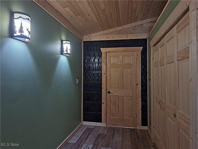 62158 Savage Rd, Cambridge, OH 43725 - doorway to outside featuring lofted ceiling, wood ceiling, dark wood-style flooring, baseboards, and wood walls