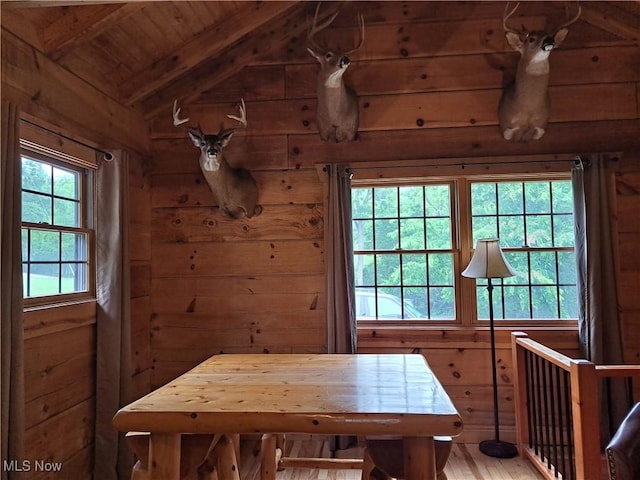 62158 Savage Rd, Cambridge, OH 43725 - dining room featuring wooden walls and wood ceiling